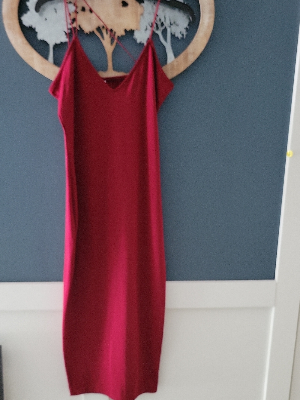 Women's Red Slip Dress - Sleek V-Neck Midi. Burgandy Color.